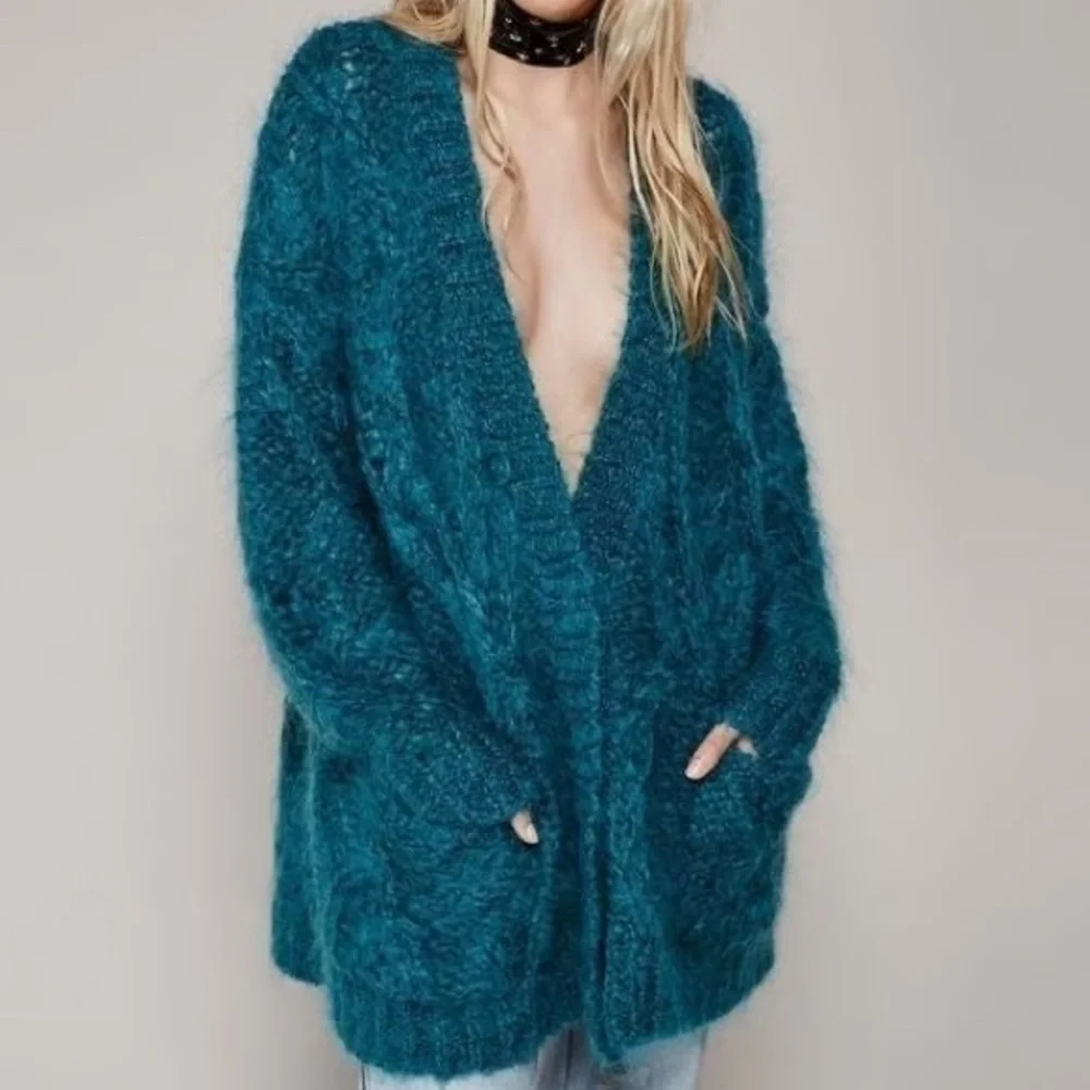 Free People Aran Isle Chunky Knit Mohair Cardigan Sweater Teal Blue Size XS